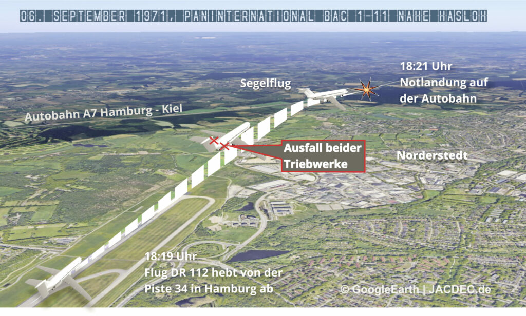 Aufgrund der geringen Flug- höhe war eine Rückkehr zum Flughafen unmöglich. Die Autobahn dagegen lag fast genau in Flugrichtung.